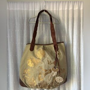 DISNEY WORLD Tote Bag Gold Distressed Mickey Mouse Two Charms Magnetic Close Tan